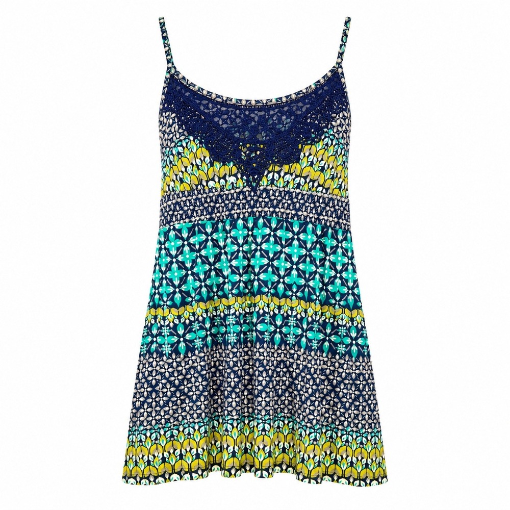 Eye Candy Boho Indie Cami Top Women Size S Folk Geometric Lace Trim Empire Waist